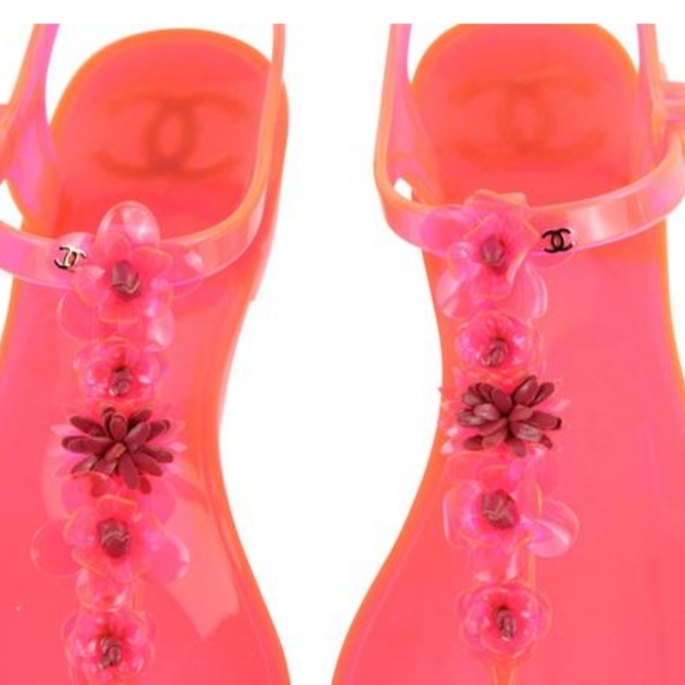 Chanel Pink Jelly Neon Camellia T Strap Sandals